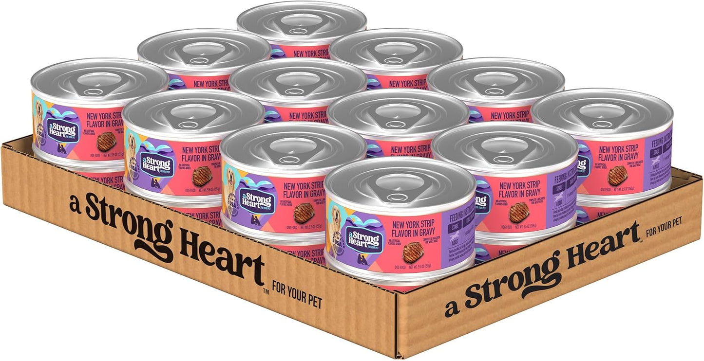 A Strong Heart Wet Dog Food, New York Strip Flavor in Gravy - 5.5 oz Cans (Pack of 24), Made in The USA with Real Beef