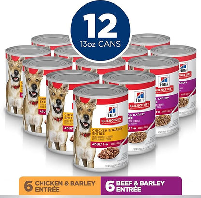 Hill's Science Diet Adult 1-6, Adult 1-6 Premium Nutrition, Wet Dog Food, Variety Pack: Chicken & Barley; Beef & Barley Loaf, 13 oz Can Variety Pack, Case of 12