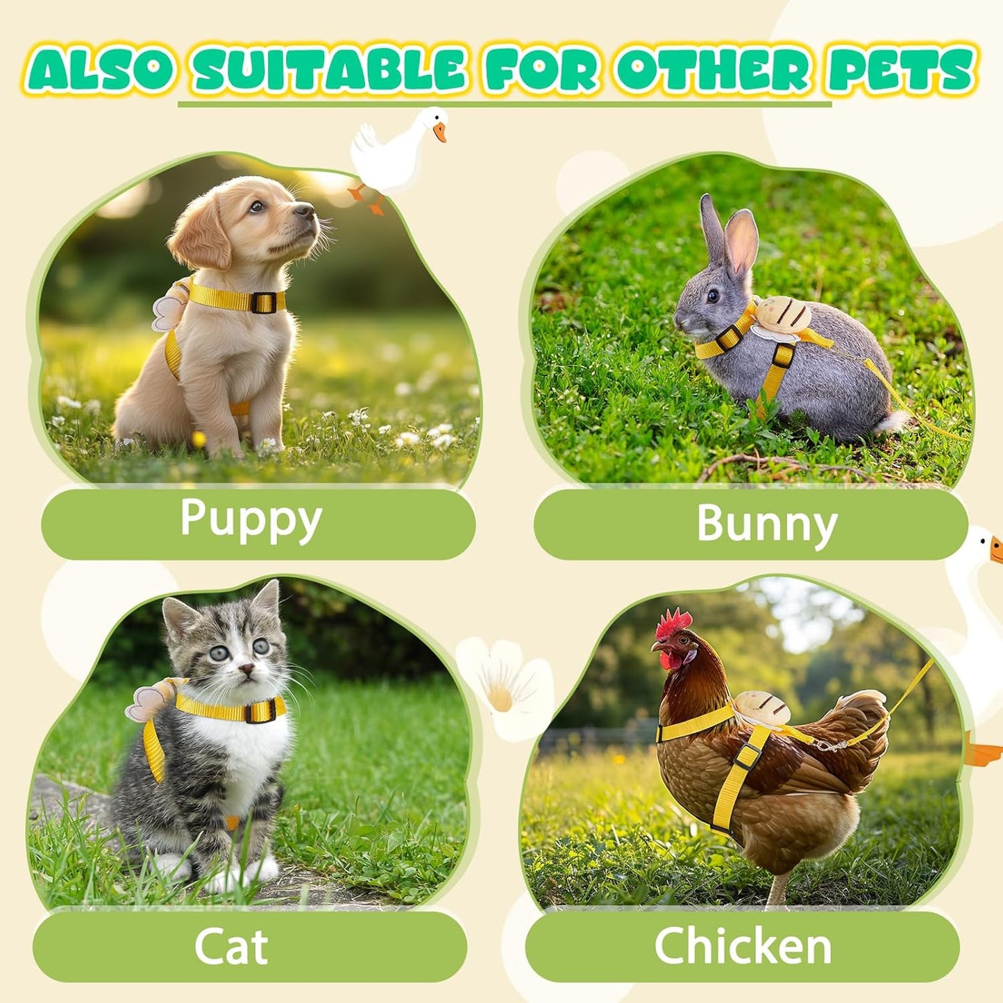 Duck Harness Leash Set Duck Harness and Leash for Real Ducks Adjustable Walking Rope Pet Cute Pattern Outdoor Traction Rope for Chicken Rabbit Small Animals(S,Bee)