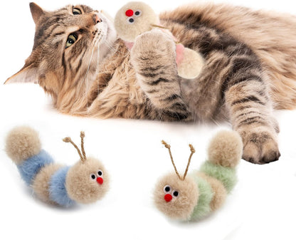Interactive Natural 3 PK Catnip Toy, with Rattle, Bite Resistant, for All Ages Indoor Cat, Soft Caterpillar Toys, Fluffy Kitten Toy