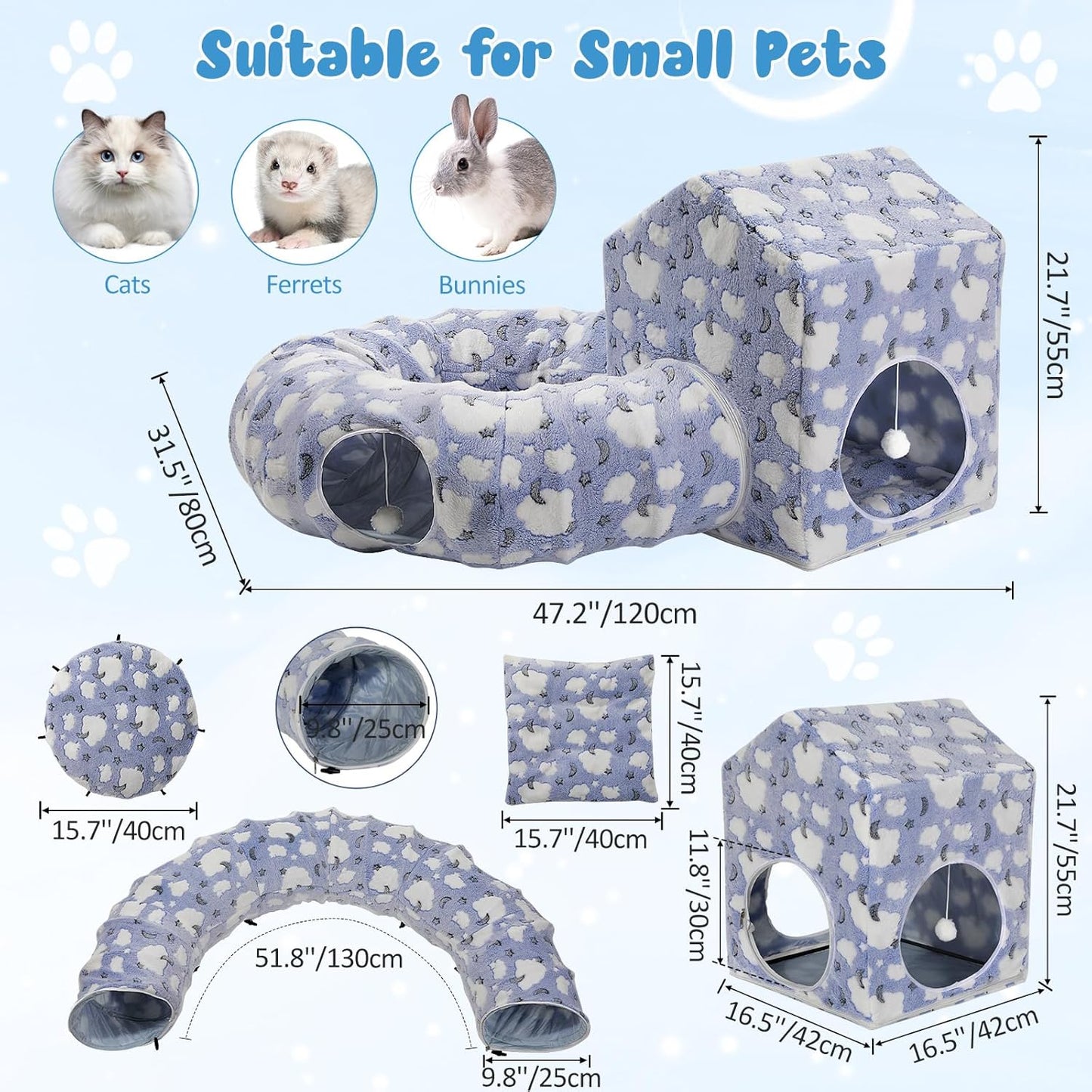 Pawaboo Cat Tunnel Bed, Cat Donut Tube with Square Kitten House, Soft Plush Cats Cave Tunnels with Washable Cushions, Foldable Kitten Bed Hideout with Fluffy Balls for Indoor Cats Rabbit Ferret, Blue