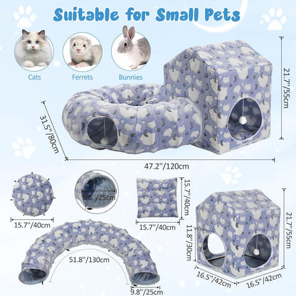 Pawaboo Cat Tunnel Bed, Cat Donut Tube with Square Kitten House, Soft Plush Cats Cave Tunnels with Washable Cushions, Foldable Kitten Bed Hideout with Fluffy Balls for Indoor Cats Rabbit Ferret, Blue