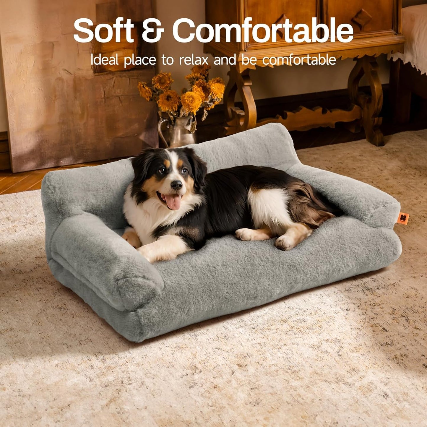 MEWOOFUN Cat Bed for Indoor Cats, Washable Dog Beds for Small Medium Dogs & Cats, Fluffy Cat Couch with Non-Slip Bottom (Grey, 33.5" L x 25.6" W x 11.5" Th)