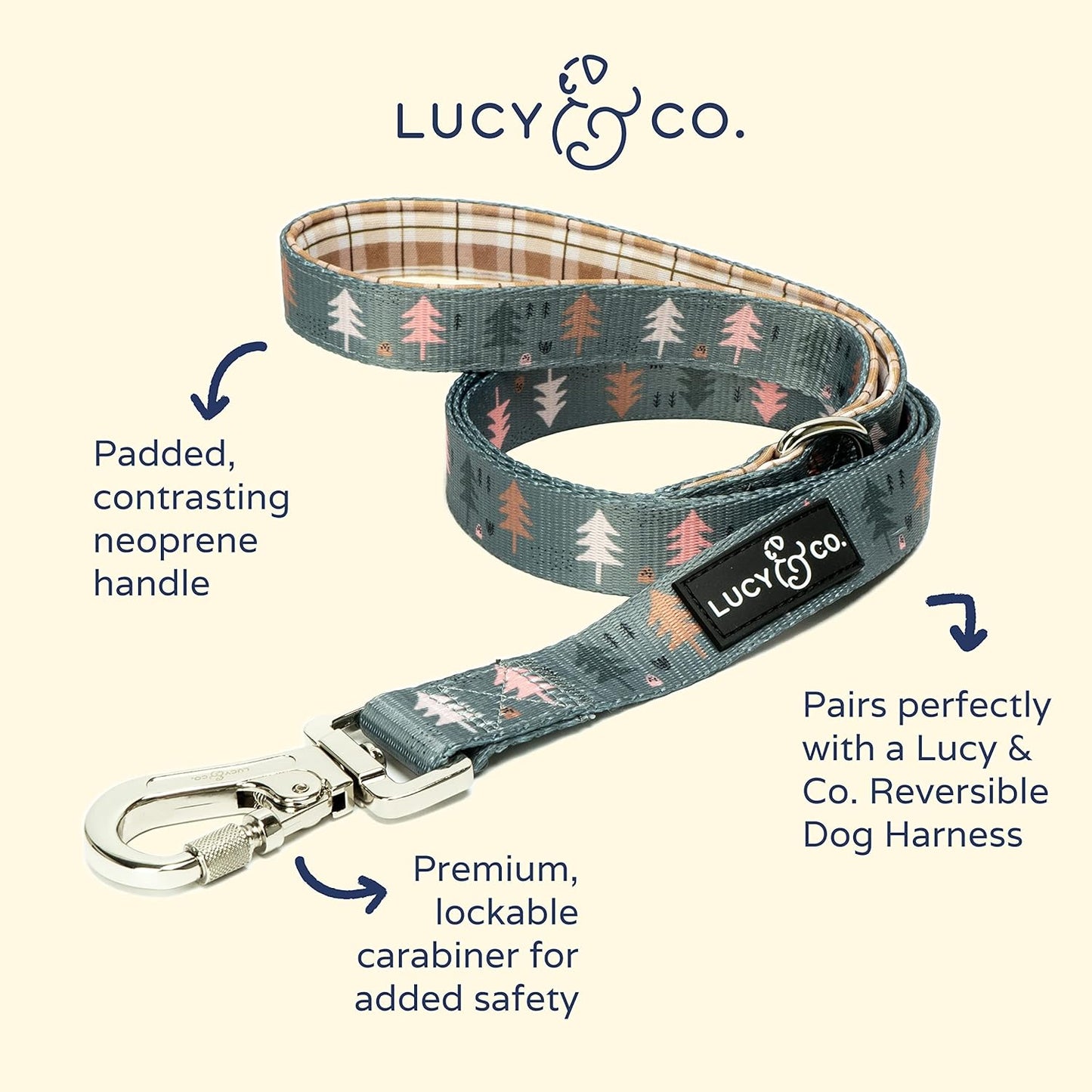 Lucy & Co. Designer Dog Leash - Pet Accessories - Thick Dog Leash - Padded Handle for Comfort - Purple with Green Floral - 5 Foot (Neutral Brown Plaid Blue Trees, Small)
