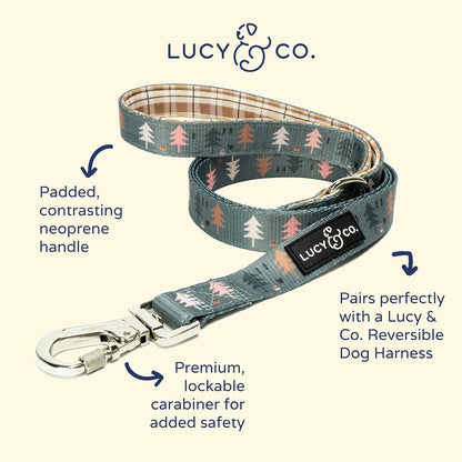 Lucy & Co. Designer Dog Leash - Pet Accessories - Thick Dog Leash - Padded Handle for Comfort - Purple with Green Floral - 5 Foot (Neutral Brown Plaid Blue Trees, Small)