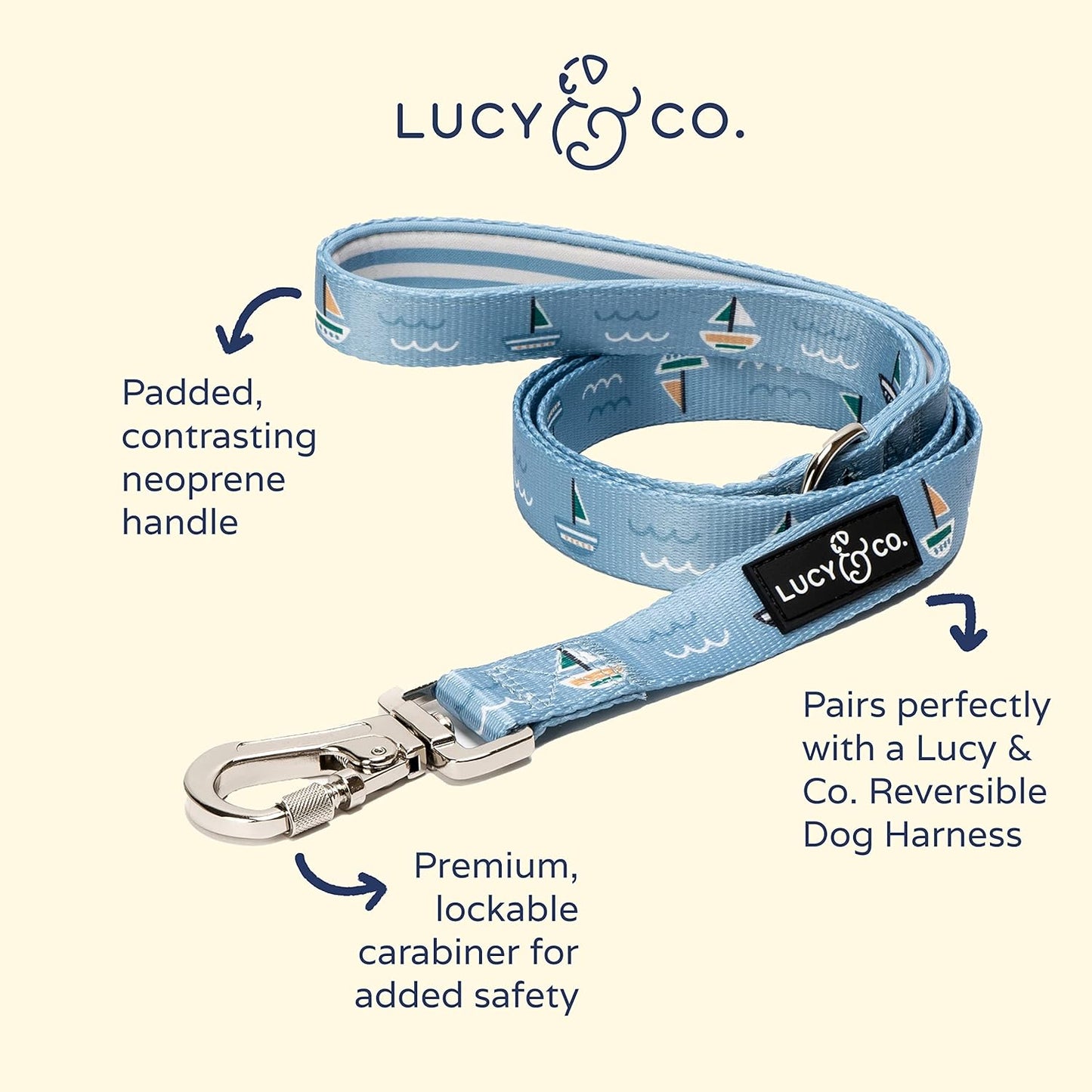 Lucy & Co. 5 Foot Dog Leash - Best Designer Dog Leash - Blue & White Stripes & Sailboats, Large