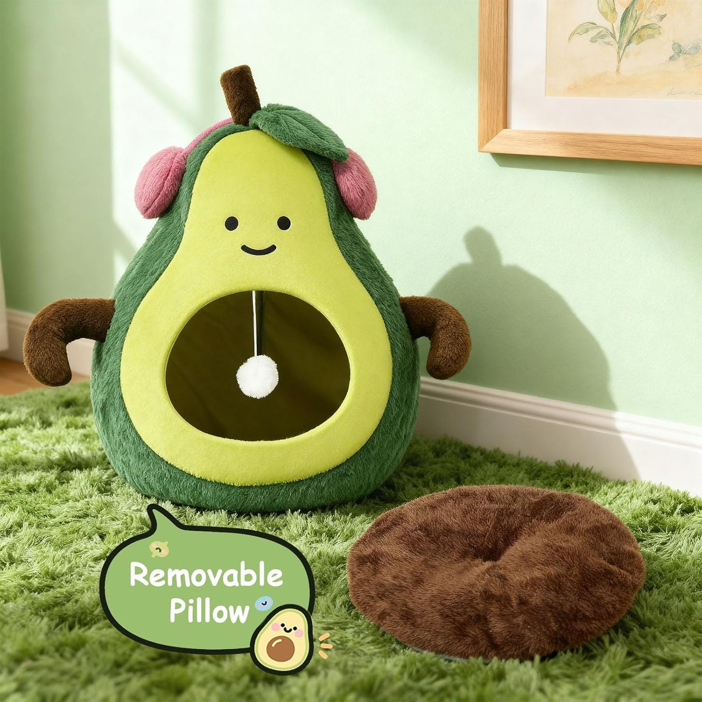 Cute Cat Beds for Indoor Cats, Small Dog Beds, Soft Washable Pet Beds for Kitten and Puppy, Funny Avocado Cat Cave, 19 Inches