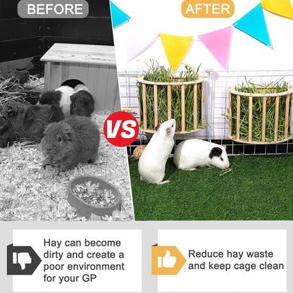 2PCS Guinea Pig Hay Feeder - Wooden Rabbit & Bunny Hay Holder Hanging Rack with Instructions - Suitable for Chinchilla, Ferret & Rabbit Cages