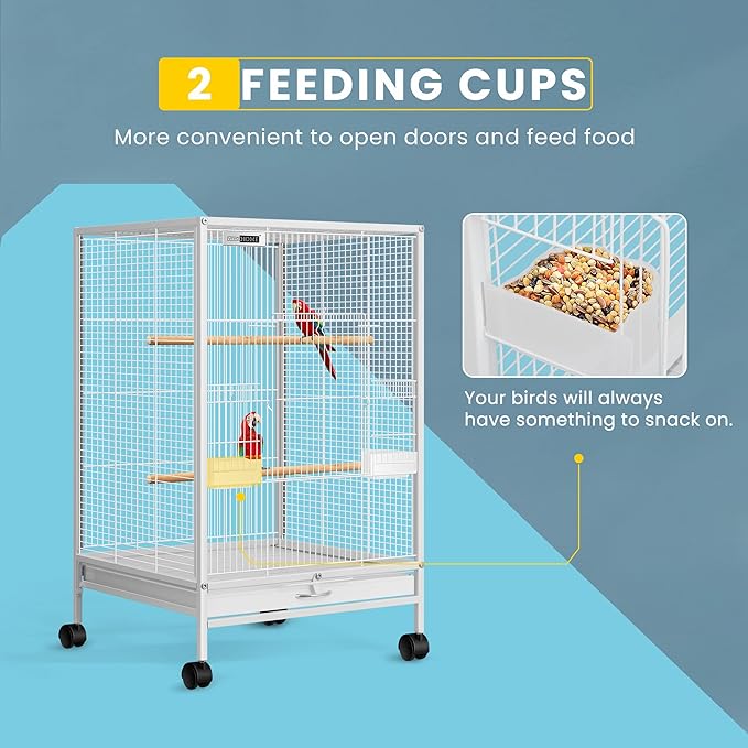 VIVOHOME 30 Inch Height Wrought Iron Bird Cage with Rolling Stand for Conures Lovebirds Cockatiels Finches, White