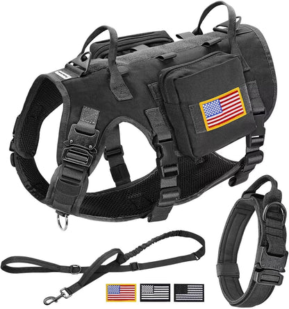 Forestpaw Tactical Dog Harness for Large Dogs,Tactical Dog Collar with Bungee Leash Set,No Pull Military Dog Harness for Walking Training,Adjustable for Medium Large Dogs,Black,Chest 15.5-25.5"