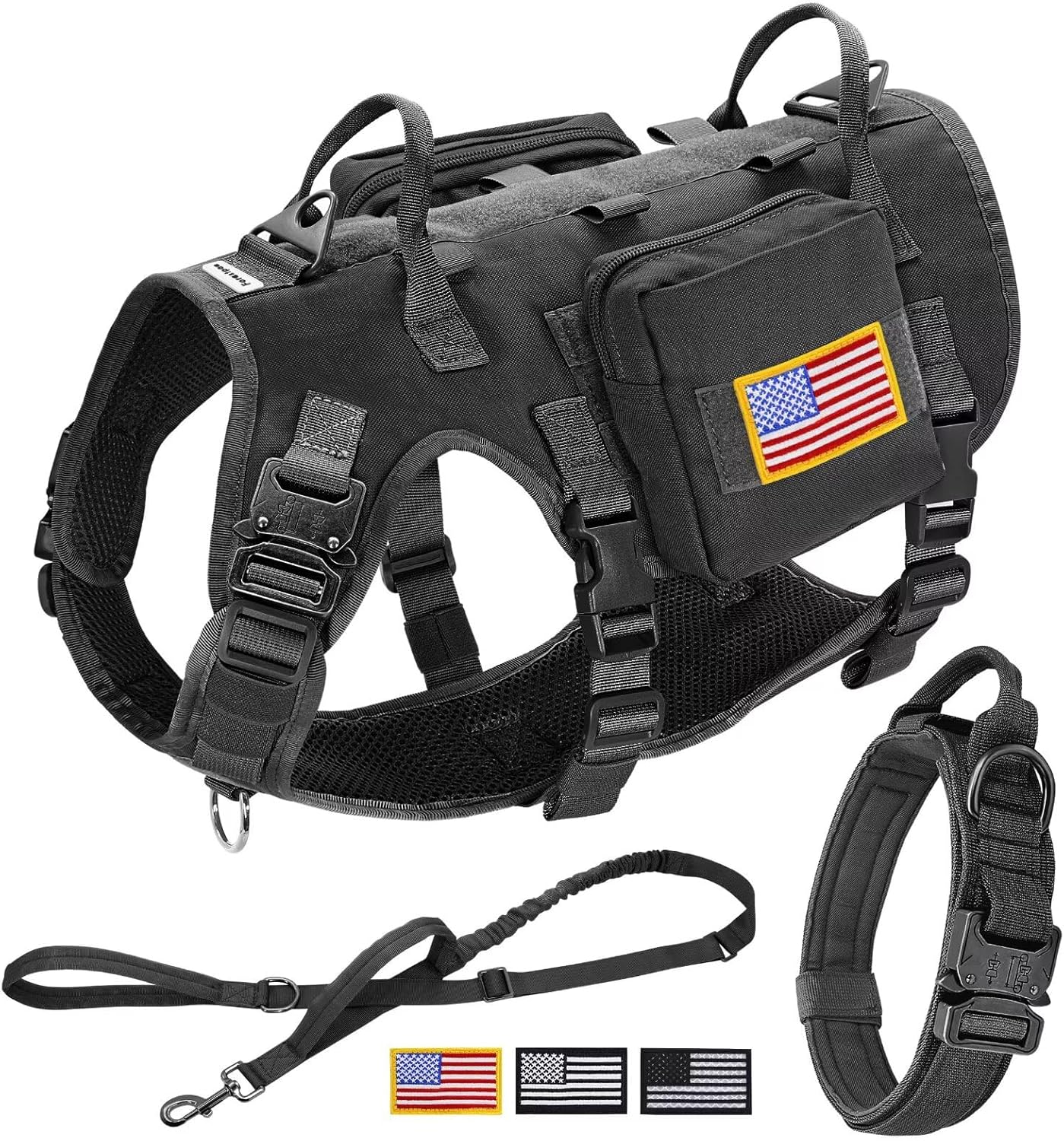 Forestpaw Tactical Dog Harness for Large Dogs,Tactical Dog Collar with Bungee Leash Set,No Pull Military Dog Harness for Walking Training,Adjustable for Medium Large Dogs,Black,Chest 21.5-45"