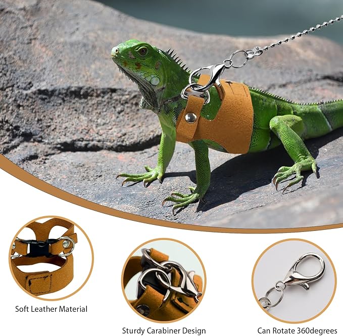 3 Pack Bearded Dragon Harness and Leash [3 Sizes] Adjustable Soft Leather Lizard Harness w/Retractable Leash Small Animal Traction Rope Walking Vest Accessories for Lizards Reptiles Squirrel Rat