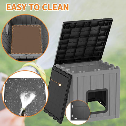 KAMABOKO Outdoor Cat House, Weatherproof Plastic Cat Shelter for Indoor & Outdoor, Durable All-Season Pet House for Feral, Stray & Domestic Cats (Gray&Black)
