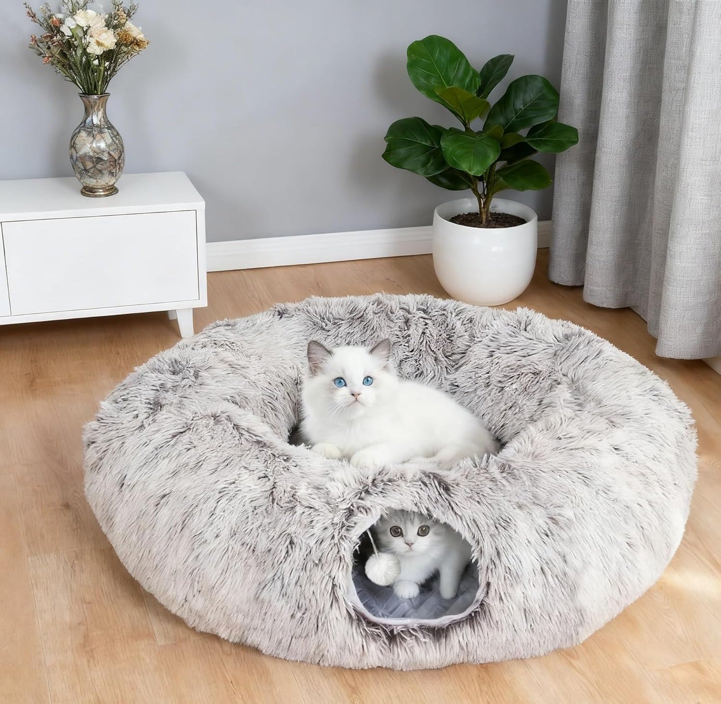 Eonflux Cat Tunnel Bed for Indoor Cats, Large Plush Donut Hideaway Cave with Detachable Washable Cushion - cat Tunnel Bed, Round cat Tunnel,Peekaboo Play Toy for Kittens, Rabbit, Ferret (Grey)