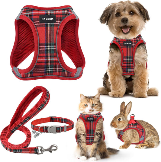 GAMUDA Small Dog Harness Collar and Leash Set, Step in No Chock No Pull Soft Mesh Adjustable Dog Vest Harnesses Plaid Reflective for Dogs Puppy Cats Kitten Rabbit (Red, XXXS)