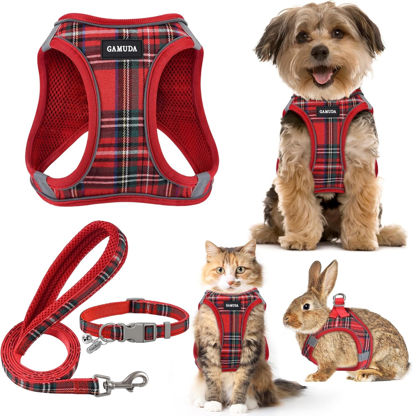 GAMUDA Small Dog Harness Collar and Leash Set, Step in No Chock No Pull Soft Mesh Adjustable Dog Vest Harnesses Plaid Reflective for Dogs Puppy Cats Kitten Rabbit (Red, M)