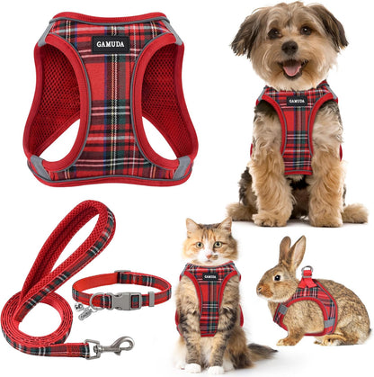 GAMUDA Small Dog Harness Collar and Leash Set, Step in No Chock No Pull Soft Mesh Adjustable Dog Vest Harnesses Plaid Reflective for Dogs Puppy Cats Kitten Rabbit (Red, M)