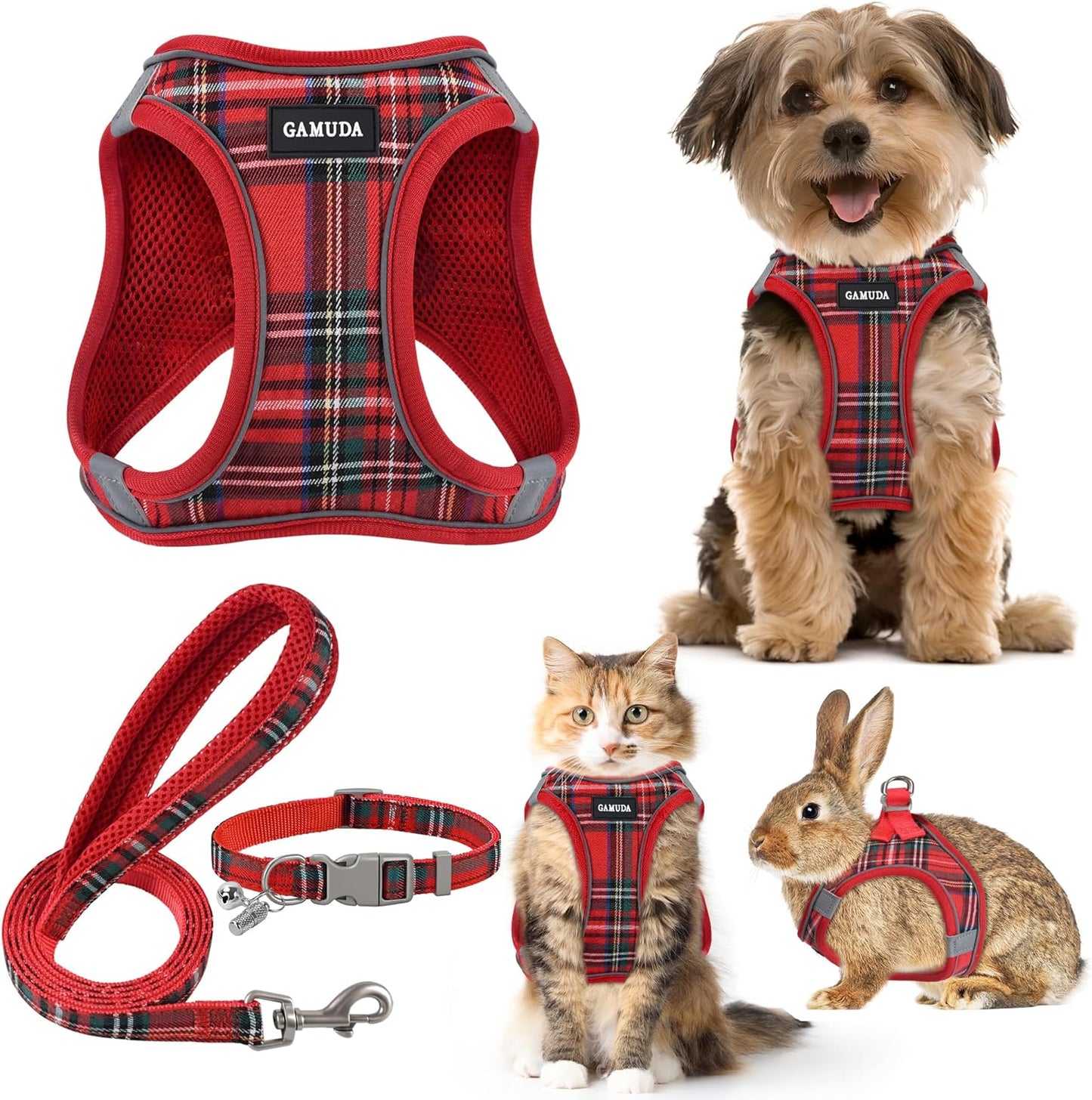 GAMUDA Small Dog Harness Collar and Leash Set, Step in No Chock No Pull Soft Mesh Adjustable Dog Vest Harnesses Plaid Reflective for Dogs Puppy Cats Kitten Rabbit (Red, XS)