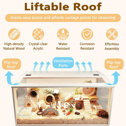 Prolee Hamster Cage Wooden Chew Proof, Extra Large Mice and Rat Habitat Openable Top with Acrylic Sheets Solid Built Small Animal Cage with Leg Stands, 32 Inch Long