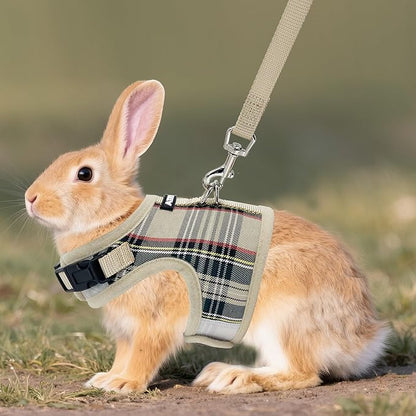 AIITLE Adjustable Bunny Harness & Leash Set - Soft Mesh Liner, Comfort Fit Plaid Pattern Vest with Magic Tape Design, Portable for Small Animal Pets Puppy Cat Rat Squirrel Ferret, Beige L