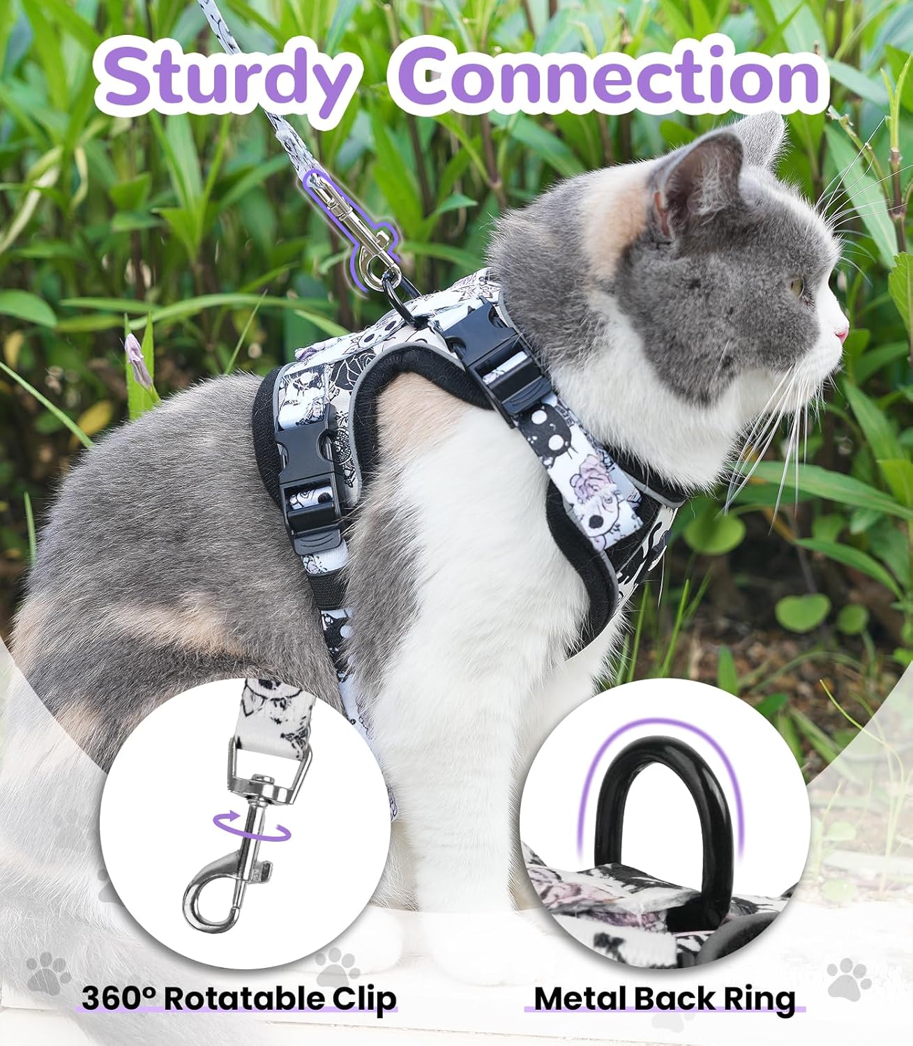 Halypet Cat Harness and Leash Set for Walking, Escape Proof Adjustable Vest Harness with 3-in-1 Integrated Buckles, Easy Control Soft Breathable Mesh with Reflective Strips for Cats, S, Moonlight Meow