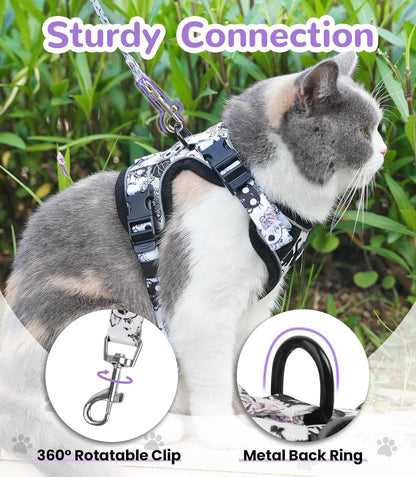 Halypet Cat Harness and Leash Set for Walking, Escape Proof Adjustable Vest Harness with 3-in-1 Integrated Buckles, Easy Control Soft Breathable Mesh with Reflective Strips for Cats, S, Moonlight Meow