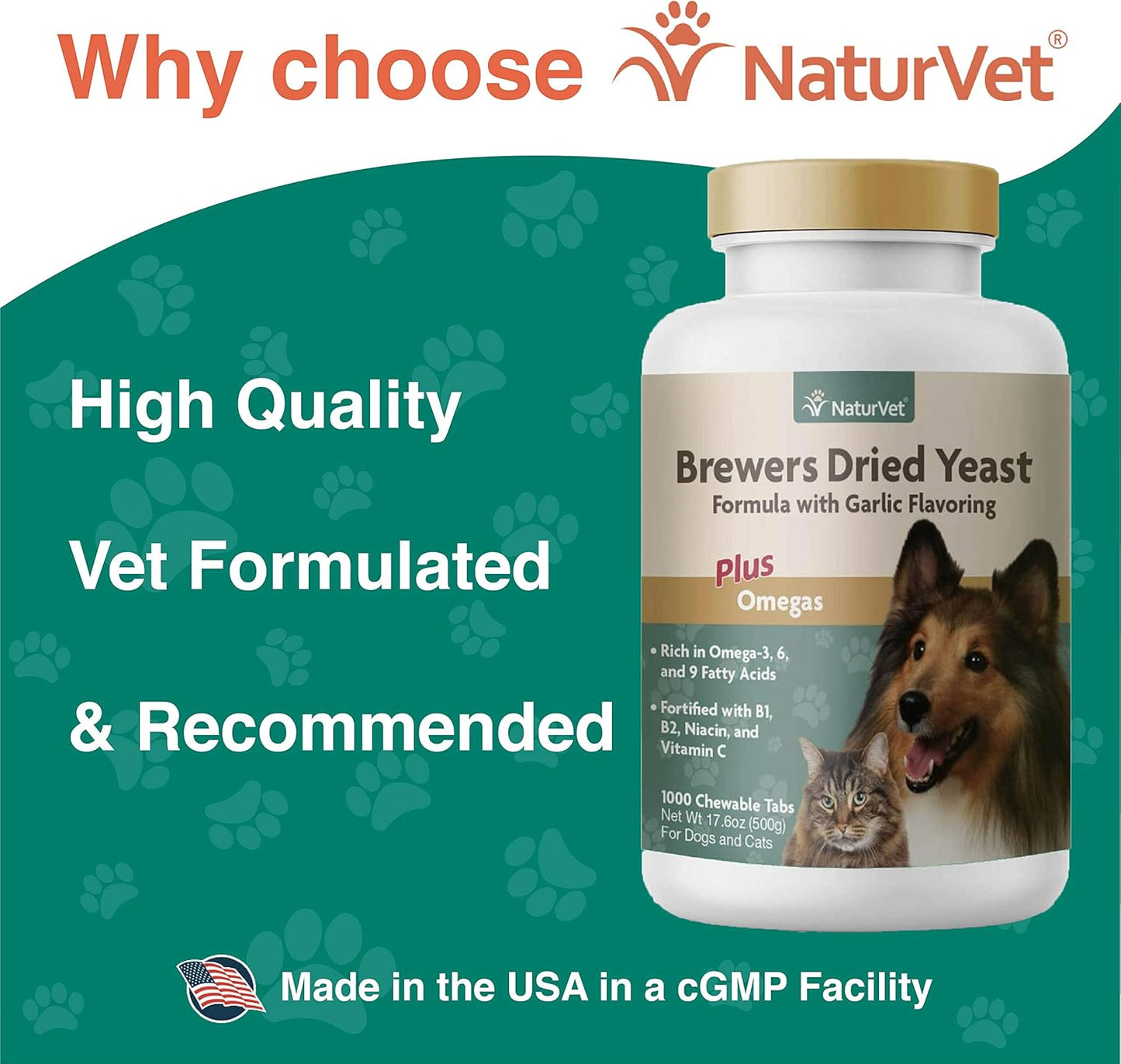NaturVet – Brewer’s Dried Yeast Formula with Garlic Flavoring – Plus Omegas | Rich in Omega-3, 6 & 9 Fatty Acids | Fortified with B1, B2, Niacin & Vitamin C | for Dogs & Cats | 1000 Chewable Tablets