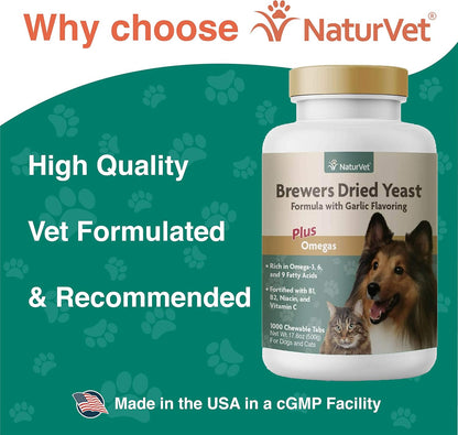 NaturVet – Brewer’s Dried Yeast Formula with Garlic Flavoring – Plus Omegas | Rich in Omega-3, 6 & 9 Fatty Acids | Fortified with B1, B2, Niacin & Vitamin C | for Dogs & Cats | 1000 Chewable Tablets