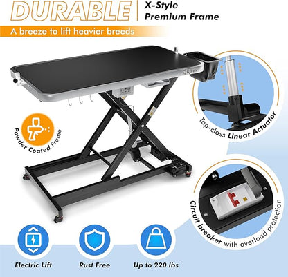 KANIS Professional Electric Dog Grooming Table - Heavy Duty, Height Adjustable Pet Grooming Table w/Leveling Wheels, Grooming Arm, Anti Slip Tabletop & Tool Organizer/Dog Grooming Station (49", BLACK)