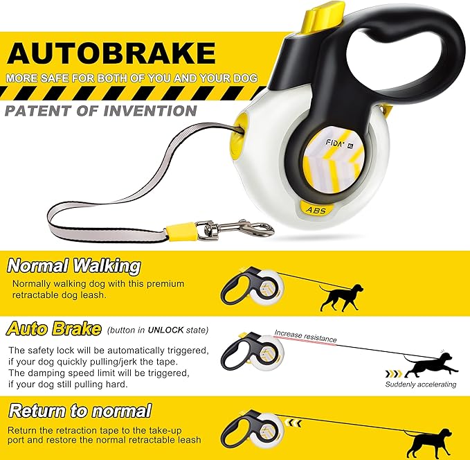 FIDA AutoBrake Retractable Dog Leash. Advanced Patented Design for Dog Pulling, 16 ft Heavy Duty No Pull Pet Walking Leash for Medium Breeds. Tangle Free, Soft Grip, Medium Size.