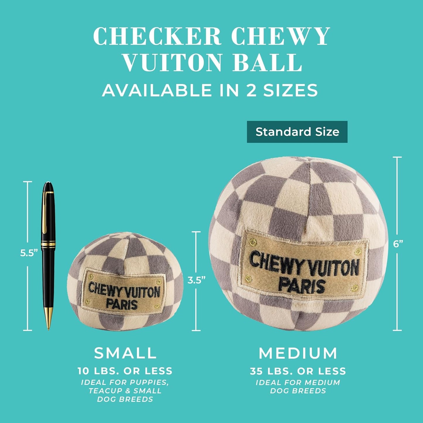 Haute Diggity Dog Checker Chewy Vuiton Ball, Plush Designer Dog Toys with Interactive Squeaker, Stimulating Pet Enrichment, Machine-Washable & Safe Materials for All Breeds, Size Medium