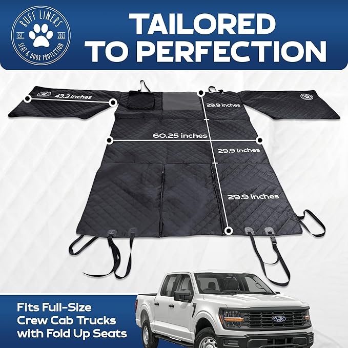 Ruff Liners XL Floor Cover with Door Protection, Black – As Seen on Shark Tank – Fits Full‑Size Crew Cab Trucks with Fold‑Up Seats, Waterproof & Machine Washable – Sturdy XL Dog Hammock for Truck