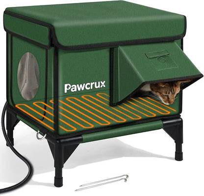 Weatherproof Heated Cat House for Outdoor in Winter, Heated Cat Bed Kitty Shelter with Cat Heating Pad, Insulated & Safe Escape Door, Warm House for Outside Stray Cat (Green, 12.6"x16.5"x16.9")