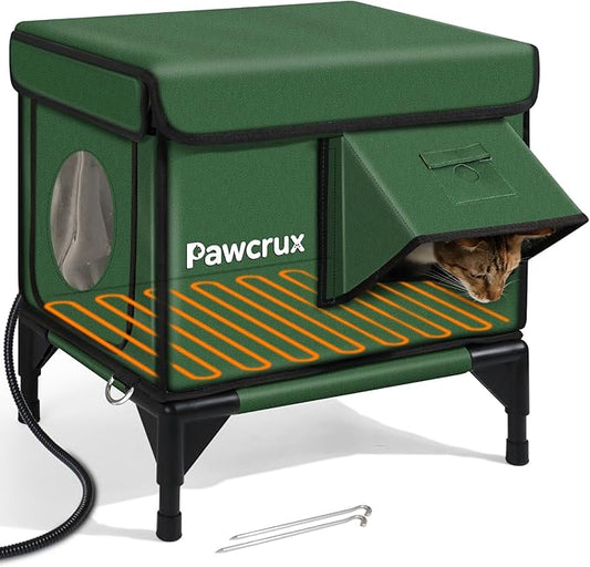 Weatherproof Heated Cat House for Outdoor in Winter, Heated Cat Bed Kitty Shelter with Cat Heating Pad, Insulated & Safe Escape Door, Warm House for Outside Stray Cat (Green, 12.6"x16.5"x16.9")