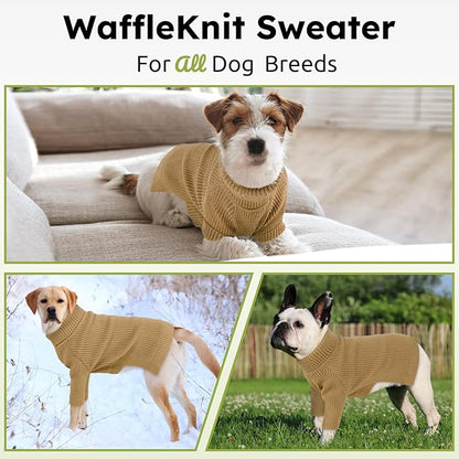 Queenmore Dog Sweater, Turtleneck Long Sleeve Knitted Dog Sweater with Check Pattern, Fall Winter Warm Pet Sweaters, Solid Pull-on Pet Sweater for Cats, Brown XS