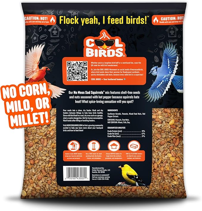No Mess Sad Squirrels Hot Bird Seed – 10 lb. Spicy Shell-Free Blend with Peanuts, Sunflower Hearts & Chili Pepper Oil – No Waste, Squirrel-Resistant Bird Food for Outside Feeders