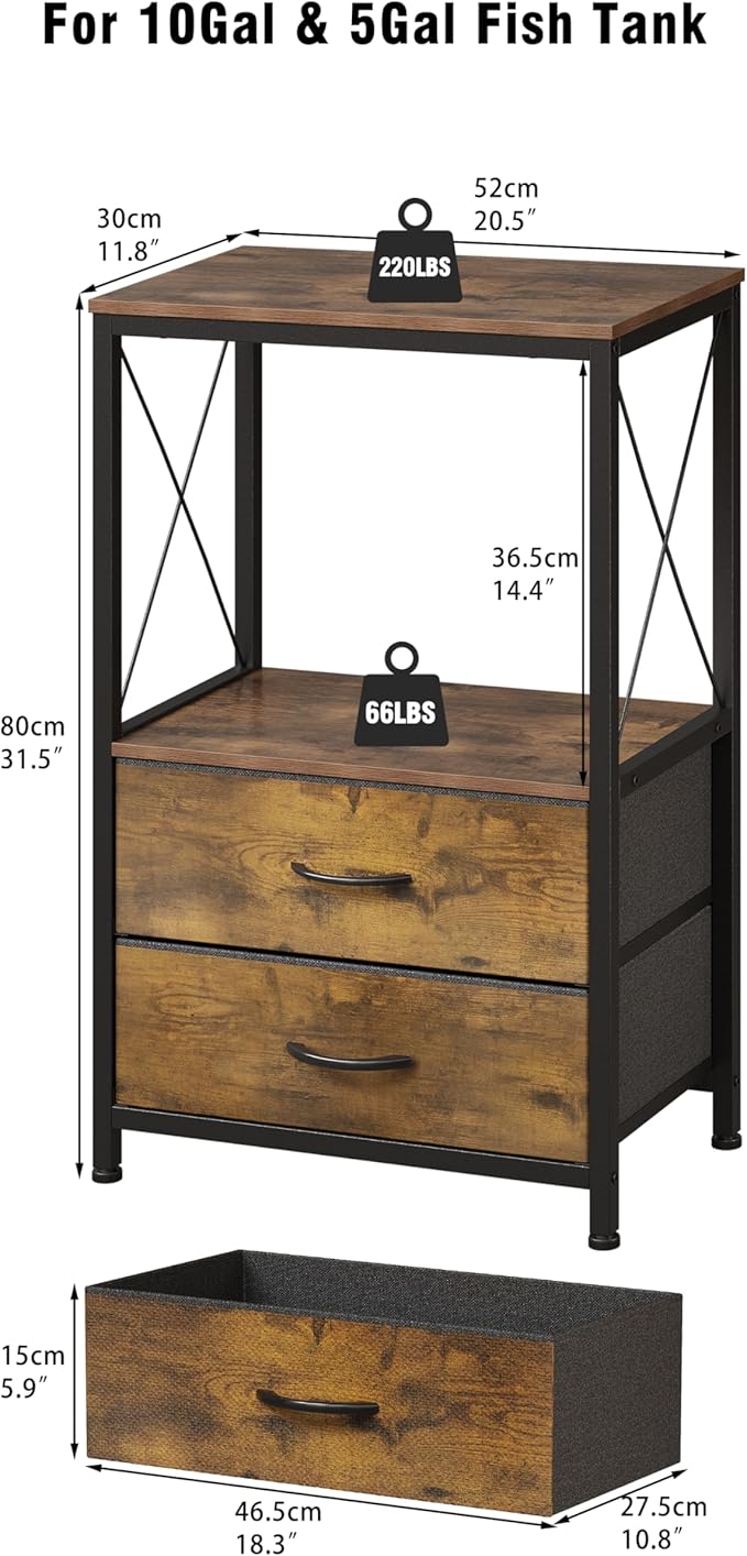10 Gallon Aquarium Stand with 2-Tier Shelf Fish Tanks Stand with 2 Drawers Metal Frame Heavy Duty Reptile TurtleTank Stand with Storage for Home Offic Fish Tank Accessories Storage, Brown