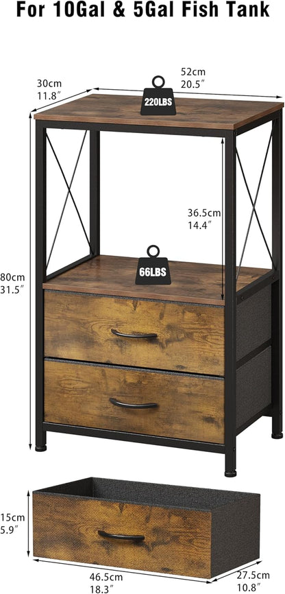 10 Gallon Aquarium Stand with 2-Tier Shelf Fish Tanks Stand with 2 Drawers Metal Frame Heavy Duty Reptile TurtleTank Stand with Storage for Home Offic Fish Tank Accessories Storage, Brown