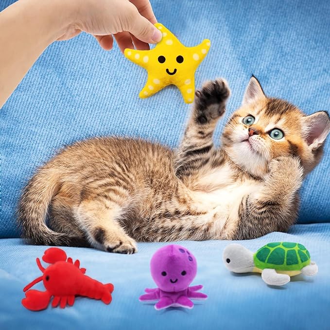 Catnip Toys for Indoor Cats Kitten Interactive Toys for Cat Lovers Gifts Chew Bite Kick Toys Supplies Lobster Octopus Crab Starfish Seahorse Sea Turtle Seafood Plush Catmint Pet Presents Set of 6