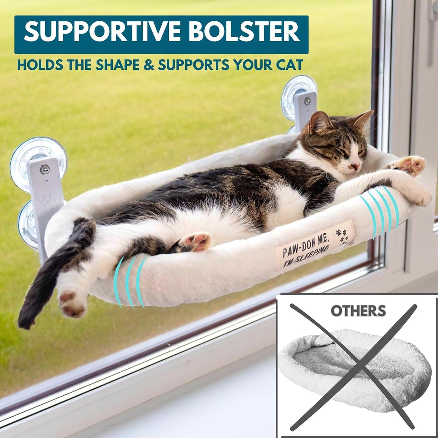 Cat Window Perch — Cat Window Bed with 4 Large Premium Suction Cups & Soft Solid Cushion; Strong Rustproof Metal Frame Window Hammock Holding Up to 40 lbs; Easy Assembly Perch for Indoor Cats