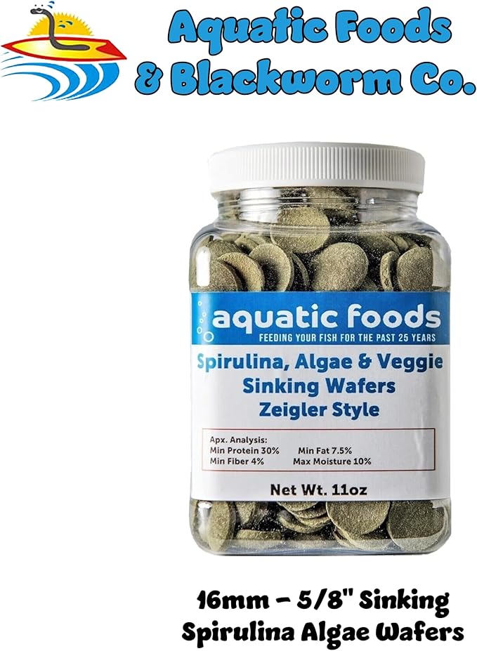 Aquatic Foods Inc. 16mm - 5/8" Wafer of Spirulina, Algae, Veggies, Sinking Wafer for Bottom Fish, Shrimp, Snails, Crabs, Crayfish, All Tropical Fish, Zeigler Style Wafers...11oz Small Jar