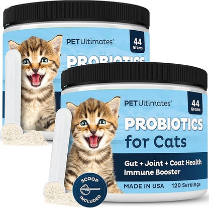 Pet Ultimates Probiotics for Cats – 2 Pack of 20-Species Cat Probiotic Powder to Treat Diarrhea, Vomiting, Digestive Support & Antibiotics Recovery – Cat's Health Supplies (44 gr)