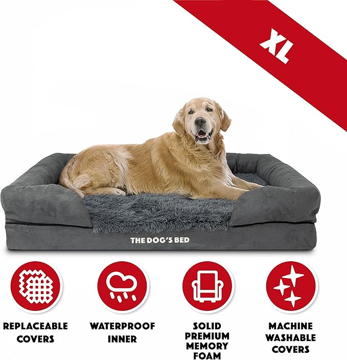 The Dog’s Bed, XL Grey Fur,Memory Foam, Pain Relief: Arthritis, Hip & Elbow Dysplasia, Post Surgery, Lameness, Supportive, Calming, Waterproof Washable Cover