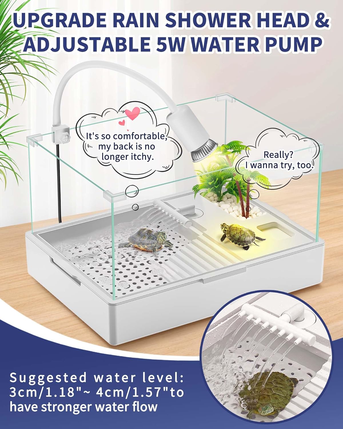 Small Turtle Tank Kit(Tank + Light + Water Pump), Acrylic Turtle Tank Starter Kit with Upgrade Rain Shower Head, Adjustable 5W Water Pump, Higher Fences and Multi-Function Area. (S-Kit)