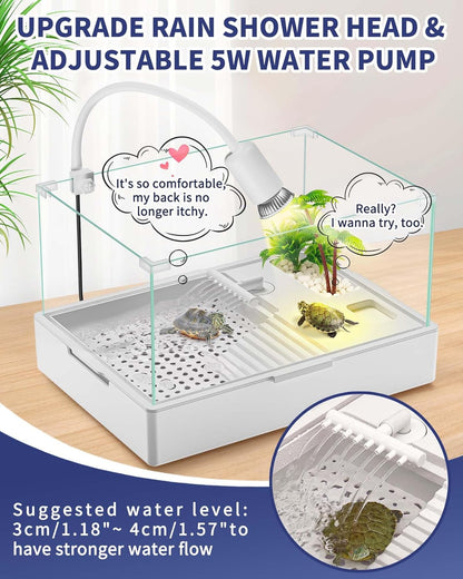 Small Turtle Tank Kit(Tank + Light + Water Pump), Acrylic Turtle Tank Starter Kit with Upgrade Rain Shower Head, Adjustable 5W Water Pump, Higher Fences and Multi-Function Area. (S-Kit)