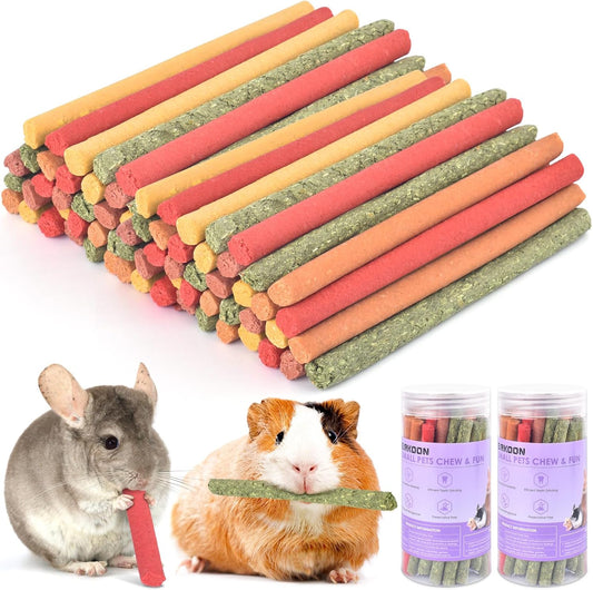 ERKOON 40Pcs Rabbit Timothy Hay Sticks, Five Flavors：PurplePotato/TimothyHay/Pumpkin/Strawberry/Carrot，Suitable Guinea Pig, Hamste, Gerbil, Chinchilla Treats, Chew Toys for Teeth for Bunnies ﻿