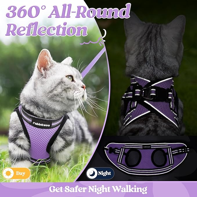 rabbitgoo Cat Harness and Leash Set for Walking Escape Proof, Adjustable Soft Kittens Vest with Reflective Strip for Cats, Comfortable Outdoor Vest, Light Purple, M