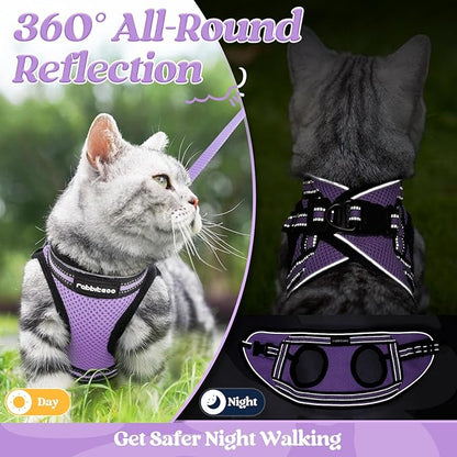 rabbitgoo Cat Harness and Leash Set for Walking Escape Proof, Adjustable Soft Kittens Vest with Reflective Strip for Cats, Comfortable Outdoor Vest, Light Purple, M