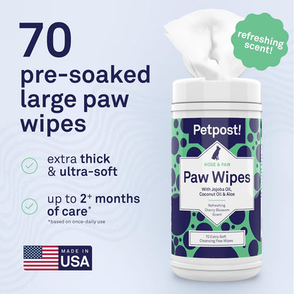 Petpost Large Paw Wipes for Dogs | 70 Count Dog Paw Cleaner Wipes with Coconut Oil, Jojoba Oil & Aloe | Gentle Pet Wipes for Paws | Ultra Soft Cotton Pads, Cherry Blossom Scent