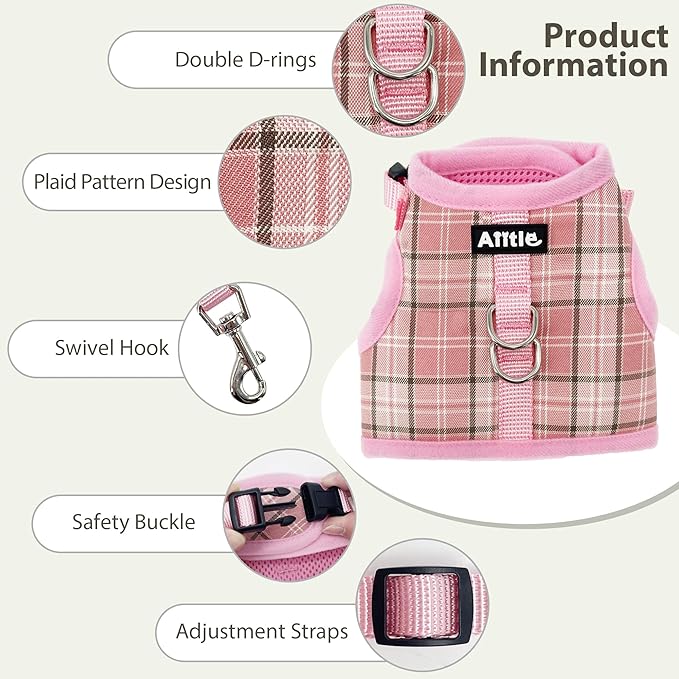 AIITLE Bunny Harness and Leash Set Escape Proof - Magic Tape Design, Lightweight Plaid Pattern Mesh Padding, No Choke No Pull for Puppy Cat Rat Squirrel Ferret, Outdoor Walking Running, Pink S